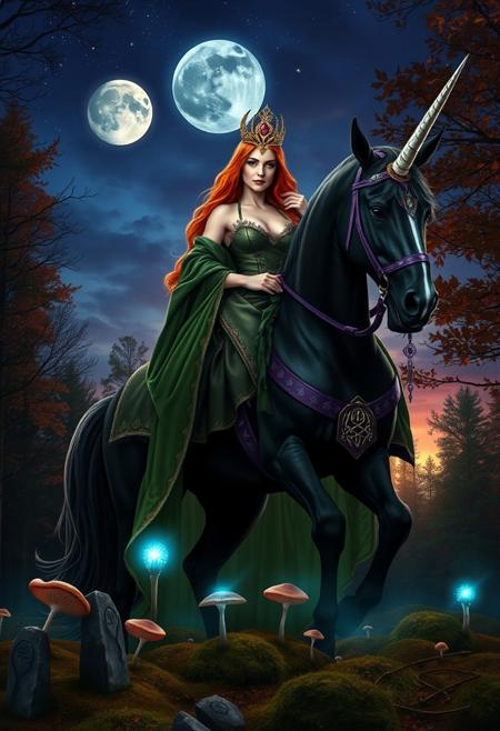 Regal ginger woman with large breasts under ornate green gown, astride majestic black muscular unicorn. The unicorn has only one head, crowned with a single pearlescent horn. Purple bridle and saddle adorned with gems. Night sky ablaze with stars - Crisp air carries scent of fallen leaves and distant woodsmoke.
Breathtaking moonrisr paints sky in vivid silver blue and purples. Last rays filter through trees, casting long shadows and bathing scene in warm, golden light. Unicorn's horn and woman's hair shimmer in fading daylight.
Woman's determined gaze fixed on horizon. Right hand on unicorn's neck, left holding a staff with glowing crystal orb.
Misty mushrooms rise from moss-covered forest floor, adding to mystical atmosphere. Ancient standing stones peek through autumn foliage, their surfaces glowing from within from ancient runes that pulse with ethereal blue haze.The luminous symbols hint at forgotten magic, enhancing the scene's mystical quality. - a legendary wizard seductress embarking on epic quest,