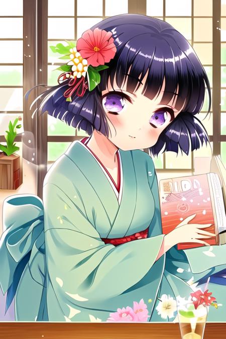 Nanjo Ren, 1girl, rain, hydrangea, frog, purple eyes, solo, flower, japanese clothes, from outside, book, kimono, snail, window, black hair, short hair, blush, hair ornament, water drop, sash, bangs, looking at viewer, purple hair, plant, looking outside, indoors
<lora:grimoire-v1.0:1>