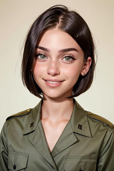 headshot <lora:MaddieFrancessca_v1:.9> MaddieFrancessca, focus on smiling face, wearing a military uniform , her hair is styled as Straight Sleek Bob,