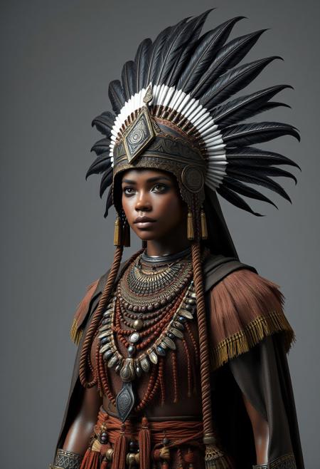 ultra realistic full body costume design  and character design of an african tribal warrior queen + feather headdress + ultra detailed accessories + long cape + a lot of tribal necklaces, photographic style, 8k, octane render, studio grey background