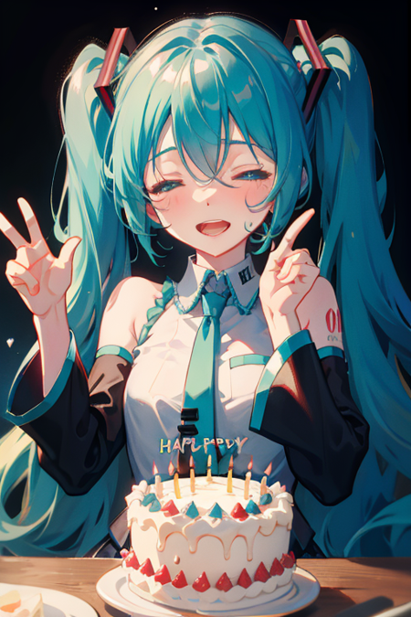 hatsune miku, absurdres, masterpiece, upper body, closed eyes, handjob, open mouth, handjob gesture, NSFW,  birthday cake, happy