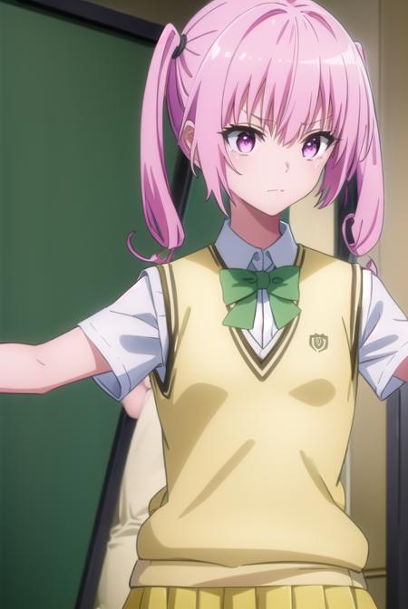 nanadeviluke, <lyco:nana deviluke darkness-lyco-nochekaiser:1>,
nana asta deviluke, fang, long hair, (pink eyes:1.5), pink hair, tail, twintails, (flat chest:1.2),
BREAK green skirt, plaid, plaid skirt, sainan high school uniform, school uniform, skirt, shirt, white shirt, sweater vest, (yellow sweater vest:1.5), short sleeves,
BREAK indoors, classroom,
BREAK looking at viewer, (cowboy shot:1.5),
BREAK <lyco:GoodHands-beta2:1>, (masterpiece:1.2), best quality, high resolution, unity 8k wallpaper, (illustration:0.8), (beautiful detailed eyes:1.6), extremely detailed face, perfect lighting, extremely detailed CG, (perfect hands, perfect anatomy),