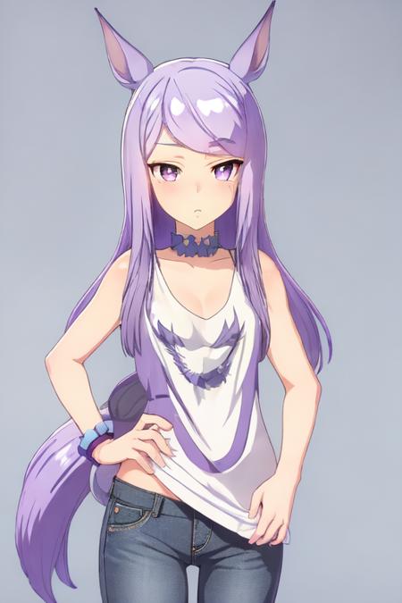 mejiromac,1girl, purple hair,horse tail,midum hair,<lora:test:0.7>,high quality,black tank top ,jeans,white simple backgrounds,expressionless