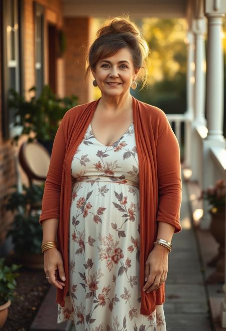 full body shot masterpiece portrait of a relaxed mature woman::1.4, Norman Rockwell style::1.2, realistic impressionist art::1.1,
(physical description: full body shot, PLUMP build with soft curves PROTRUDING BELLY, fair skin with a gentle glow, casual posture:1.1)
(facial features, expression: serene and content expression, gentle lines around the eyes, MESSY BUN WITHwispy strands of hair framing the face:1.0)
(clothing details: breezy knee-length dress with light-colored base and darker botanical or floral pattern, paired with a rust-colored open-front cardigan:1.0)
(accessories:((BAREFOOT, THICK BRASS STRAP ANKLETS:09))(, simple stud earrings or no jewelry, understated natural styling:0.9)
(background setting: sunlit cottage garden path or cozy front porch with greenery and warm textures:0.9)
(lighting style: soft golden hour light, diffused natural sunlight with warm highlights:0.8)
(composition and camera framing: full body centered shot, eye-level angle, gently candid moment mid-step or adjusting cardigan:1.0)
(emotional tone or theme: relaxed domestic elegance, warm weather comfort, tranquil and familiar atmosphere:0.9)
(technical execution: soft painterly textures, focus on fabric movement and natural lighting interplay, lifelike color rendering:0.8) HER ANKLE IS CHAINED TO THE PORCH, 3D isometric render