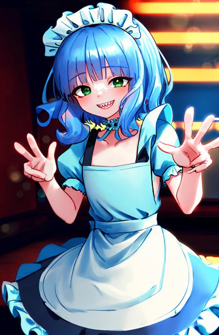 masterpiece,1boy,(sts boy:1.5)blue hair, blonde hair,blonde locks,blue bangs,(classic maid's clothes:1.3),green eyes, happy, smile,sharp teeth, solo,(frills:1.6), flat chest,kawaii face,(bokeh:1.6),light particles, cowboy shot, brilliant light,(indoors:1.5),black clothes,cinematic angle