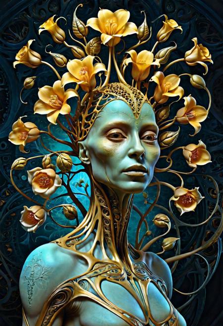 alien flowers and plants emotionally evoking symbolic metaphors, head in focus, fantasy, ornamental, intricate, elegant, sensual, highly detailed digital painting, artstation, concept art, painterly, golden ratio, sharp focus, illustration, art by tomasz alen kopera and zdzisBaw beksinski and alphonse mucha