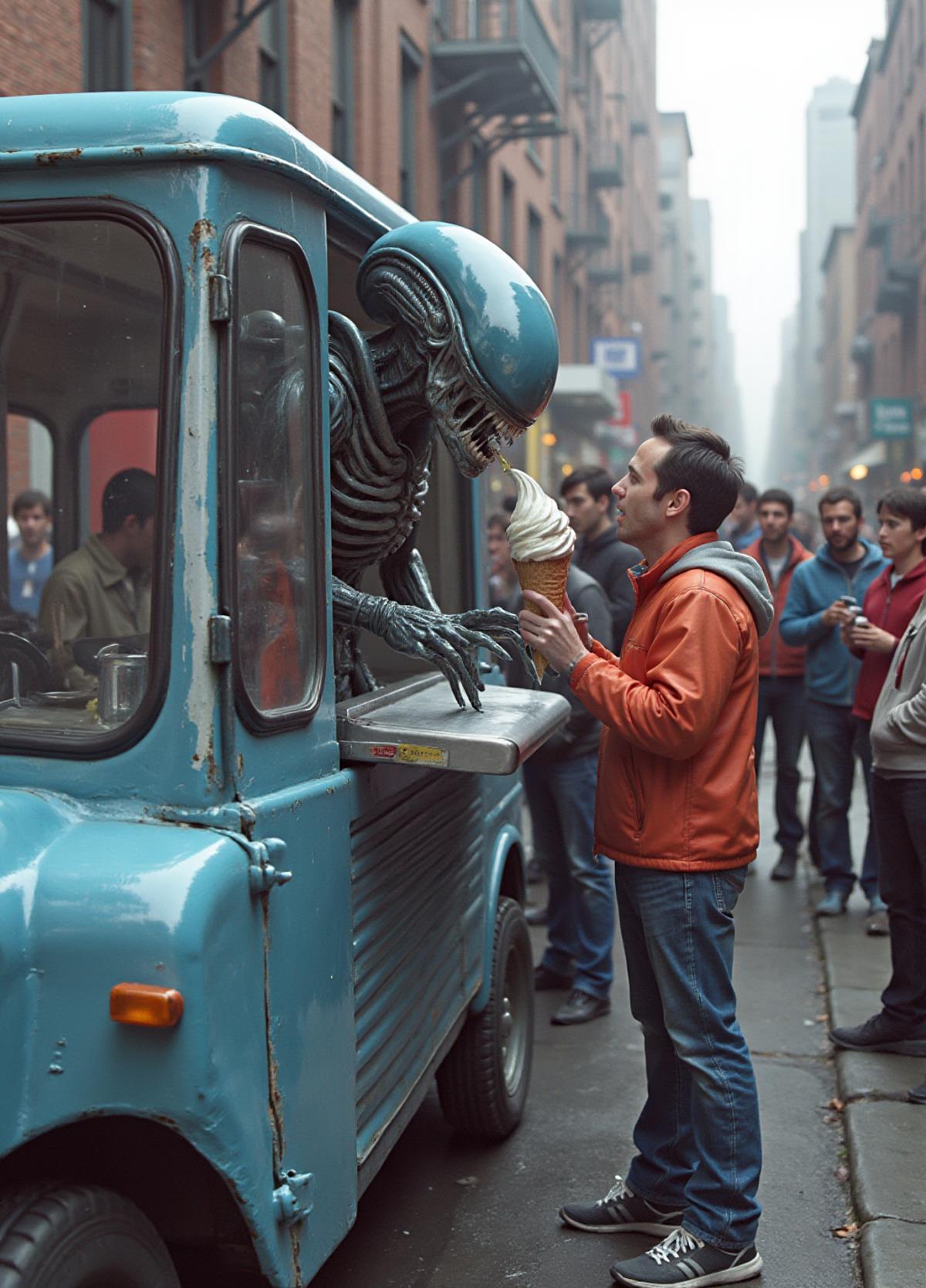 alien xenomorph is selling icecream in an icecream truck. he is the beloved attraction in the neighborhood. people are lining up to get his icecrea <lora:Xenomorph:0.8>