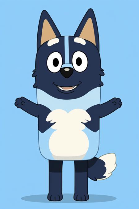 Bluey Style,  Bluey Irwin Chibi,  blue heeler,  blue fur,  solo,  looking at viewer,  smile,  open mouth,  simple background,  1boy,  animal ears,  standing,  tail,  full body,  male focus,  black eyes,  arms up,  blue background,  happy,  outstretched arms,  furry,  furry male,  body fur,  animal nose,  two-tone fur,  blue fur, <lora:EMS-20826-EMS:1.000000>