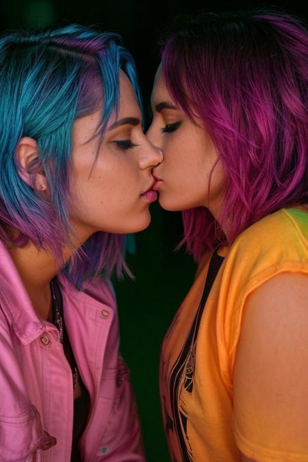 score_9, score_8_up, score_7_up, score_6_up, two beautiful 19 year old girls, colored hair, neon lights, rave, rave clothing, crowd, nighttime, dusk, smiling, ultra realistic, big lips, (masterpiece, best quality, highres:1.2), (photorealistic:1.2), yuri, kiss