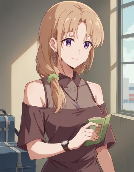 akiko ayase, long hair, blonde hair, brown hair, purple eyes, scrunchie, hair over shoulder, medium breasts, shirt, bare shoulders, jewelry, earrings, necklace, off shoulder, watch, wristwatch