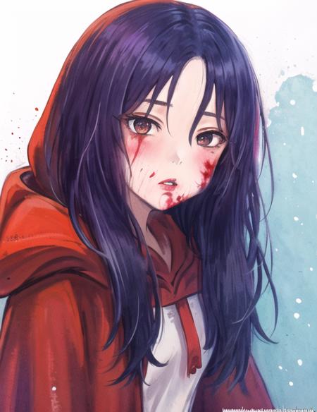 <lora:NoraHappiness-08:0.7>  NoraHappiness, 1girl, solo, looking at viewer, white background, hair between eyes, brown eyes, blue hair, parted lips, artist name, hood, blood, watermark, hood down, web address, blood on face, red cloak