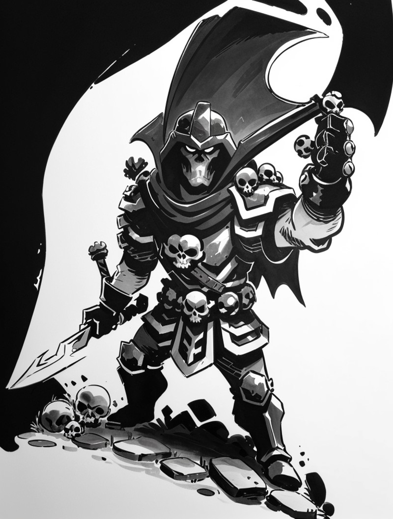 inksketch,(masterpiece:1.5), (best quality:1.5),ink sketch,1man, weapon, armor, skull, sword, holding, holding weapon, mal...