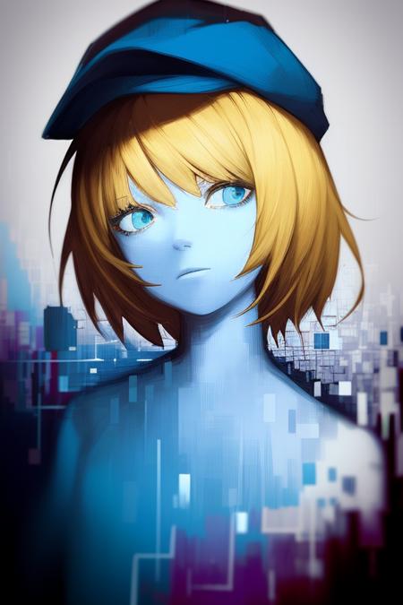 glitch,a portrait of a blonde girl with blue cap and blue shirt