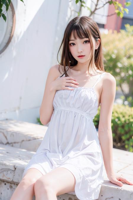 realistic, realistic details, intricate detail, detailed, (((1 girl, xdg, cute, beautiful, delicate, slender, small breast, nice hand, portrait, sundress, looking at viewer, sitting))), <lora:C_xdg_v10b:0.7> (ulzzang-6500-v1.1:0.1)