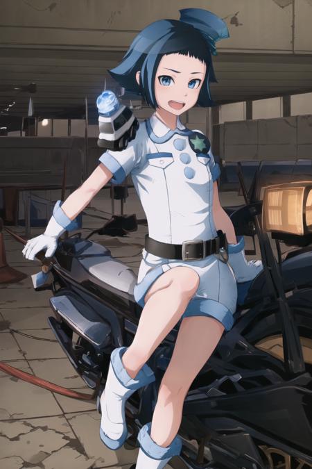 masterpiece, best quality, ultra-detailed, Sawai Riko, short hair, blue hair, blue eyes, white shirt, uniform, 3 blue buttons, police hat,  white gloves,  black belt, white shorts, white boots, police light bar, police star