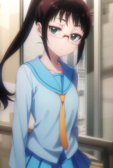 rurimiyamoto, <lora:ruri miyamoto s2-lora-nochekaiser:1>,
ruri miyamoto, long hair, bangs, black hair, (green eyes:1.3), ponytail, glasses, blunt bangs,
BREAK skirt, shirt, thighhighs, school uniform, collarbone, white shirt, pleated skirt, necktie, serafuku, sailor collar, blue skirt, blue sailor collar, orange necktie,
BREAK indoors, classroom,
BREAK looking at viewer, (cowboy shot:1.5),
BREAK <lyco:GoodHands-beta2:1>, (masterpiece:1.2), best quality, high resolution, unity 8k wallpaper, (illustration:0.8), (beautiful detailed eyes:1.6), extremely detailed face, perfect lighting, extremely detailed CG, (perfect hands, perfect anatomy),