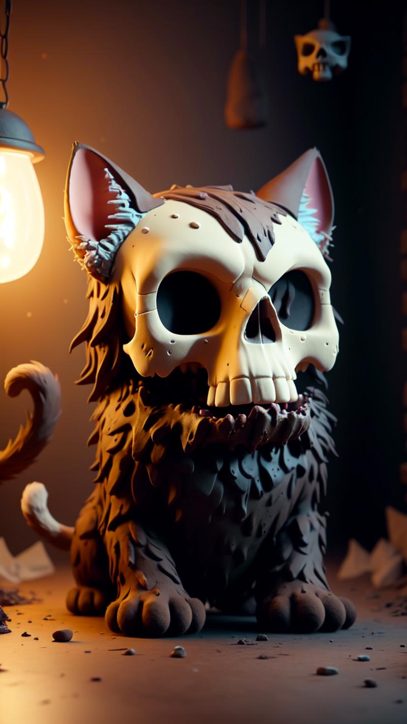 A skeleton cat statue with painted eyes and whiskers.