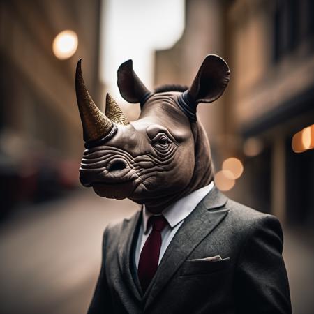 a rhino dressed suit and tie , headshot, in the street, sk_cinematic , looking at viewer