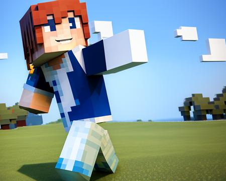 1girl,solo,red hair,long hair,braid,blue eyes,smiling,white dress,full body,solo,pixel art,minecraft,white background,running posture,facing to the viewer,, masterpiece,best quality,8k,insane details,intricate details,high detail,((masterpiece)), ((best quality)),