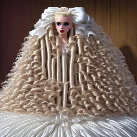 photorealistic, a blonde haired teenage girl wearing her hair in a high ponytail tied with a very huge white colored hair bow and the ponytail styled in long tightly coiled, neat and slick drill curls which fall past her shoulders and are numerous and many and very long godiva length drill curls, big blue eyes, red ruby lips, and a white colored victorian dress with lace and ruffles and white high healed boots in a victorian style. he is sitting on a porch swing, clutch her hand together and flutters her eyelashes