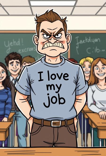"Create an image of a teacher standing at the front of a classroom, wearing a shirt that proudly declares 'I love my job' in bold letters. However, the humor comes from the fact that the teacher's face is a crudely drawn angry face, complete with a scowl and a furrowed brow. The teacher's posture and body language convey a sense of frustration and annoyance, as if they're about to explode. The students in the background look on in amusement, some of them trying to stifle giggles. The contrast between the teacher's cheerful shirt and their angry expression creates a comedic effect. The image should be rendered in a humorous and exaggerated style, with bold lines and bright colors. Think 'cartoonish' and 'playful'."