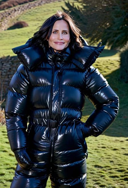 Courteney cox, smiling, indoors,daylight,shadows,(wearing an oversized overstuffed voluminous giant black shiny down jacket:1.2), downjacket, by parkasite, walking in the countryside, wet hair, wet clothes, close up, happy  
<Parkasite_XL:0.7>
