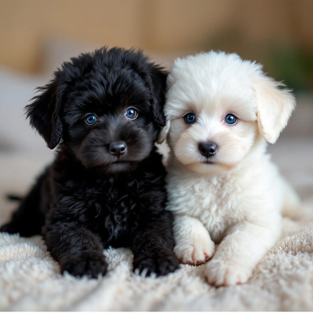 2 bichon Frise Puppies, one puppy is black, the second puppy is white, both puppies have blue eyes, ultra realistic, masterpiece, (penthouse living room:1.4), (indoors:1.4), (soft lighting:1.4, dim lighting:1.4), (night:1.4),