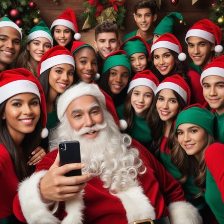 selfie of several Santa's elves with Santa Claus in the center of the image