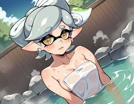 marie, fangs, grey hair, mole, mole under eye, pointy ears, short hair, yellow eyes, domino mask, mask, tentacle hair, choker, cleavage, dress, earrings, green pantyhose, jewelry, pantyhose, short hair, strapless, strapless dress, earrings, hair ornament, japanese clothes, jewelry, kimono, long sleeves, mole, mole under eye,  umbrella, wide sleeves,