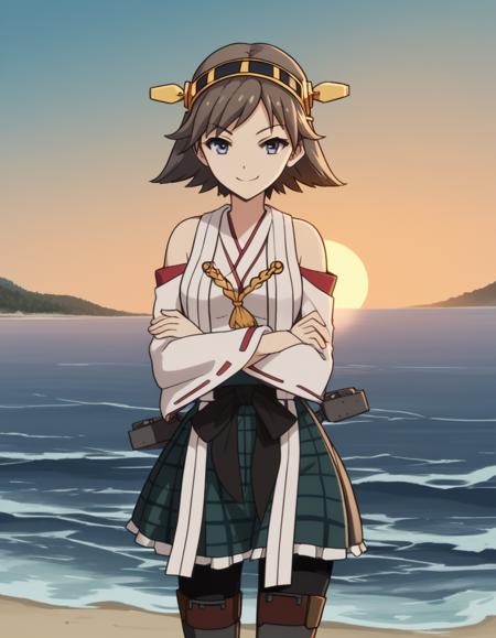 hiei, short hair, blue eyes, brown hair, hairband, hiei (kancolle), medium breasts, skirt, thighhighs, bare shoulders, pantyhose, detached sleeves, japanese clothes, nontraditional miko,