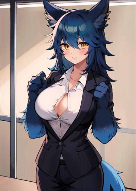 masterpiece, solo, 1girl, blue_hair, blue_fur, (lips:0.5), office_lady, blazer, open_jacket, pulling on shirt collar,  <lora:Werewolf-A3-V2:0.8>