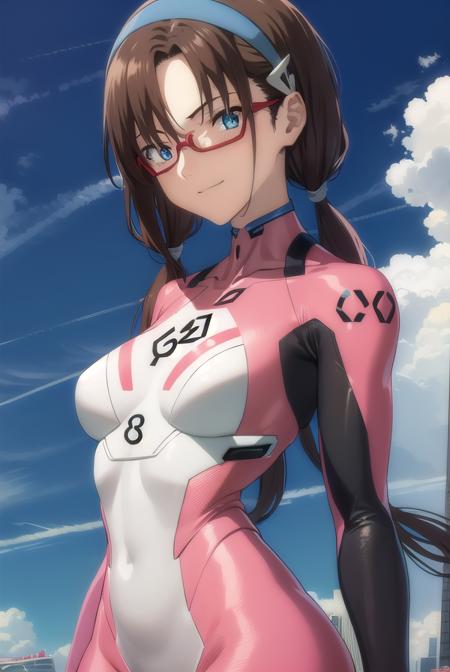 marimakinami, <lora:mari makinami rebuild-lora-nochekaiser:1>,
mari makinami, long hair, brown hair, twintails, (low twintails:1.5), hairband, blue hairband, blue eyes, (parted bangs:1.5), smile,
BREAK bodysuit, mecha, science fiction, red-framed eyewear, pilot suit, plugsuit, pink bodysuit,
BREAK outdoors, city, sun, sky, clouds,
BREAK looking at viewer, (cowboy shot:1.5),
BREAK <lyco:GoodHands-beta2:1>, (masterpiece:1.2), best quality, high resolution, unity 8k wallpaper, (illustration:0.8), (beautiful detailed eyes:1.6), extremely detailed face, perfect lighting, extremely detailed CG, (perfect hands, perfect anatomy),