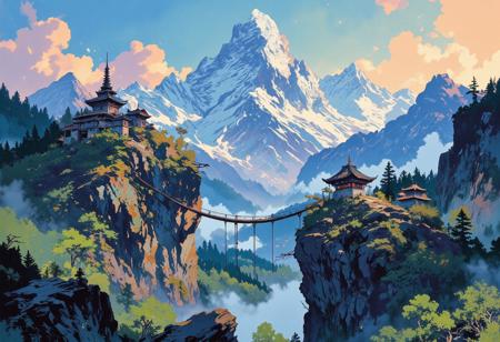 A majestic landscape depicting high snow-capped mountains. In the valleys between the mountains, the forest is covered with fog. Inaccessible ancient oriental temples are located on the slopes of the mountains. The temples are connected by wooden suspension bridges. The temples are covered with colorful exotic paintings. Blue sky with hints of pink and orange on delicate clouds. The forest in the valleys is dark and mysterious. A bizarre surreal landscape in the style of modern impressionism. A magical place.
i11ustmin Illustration