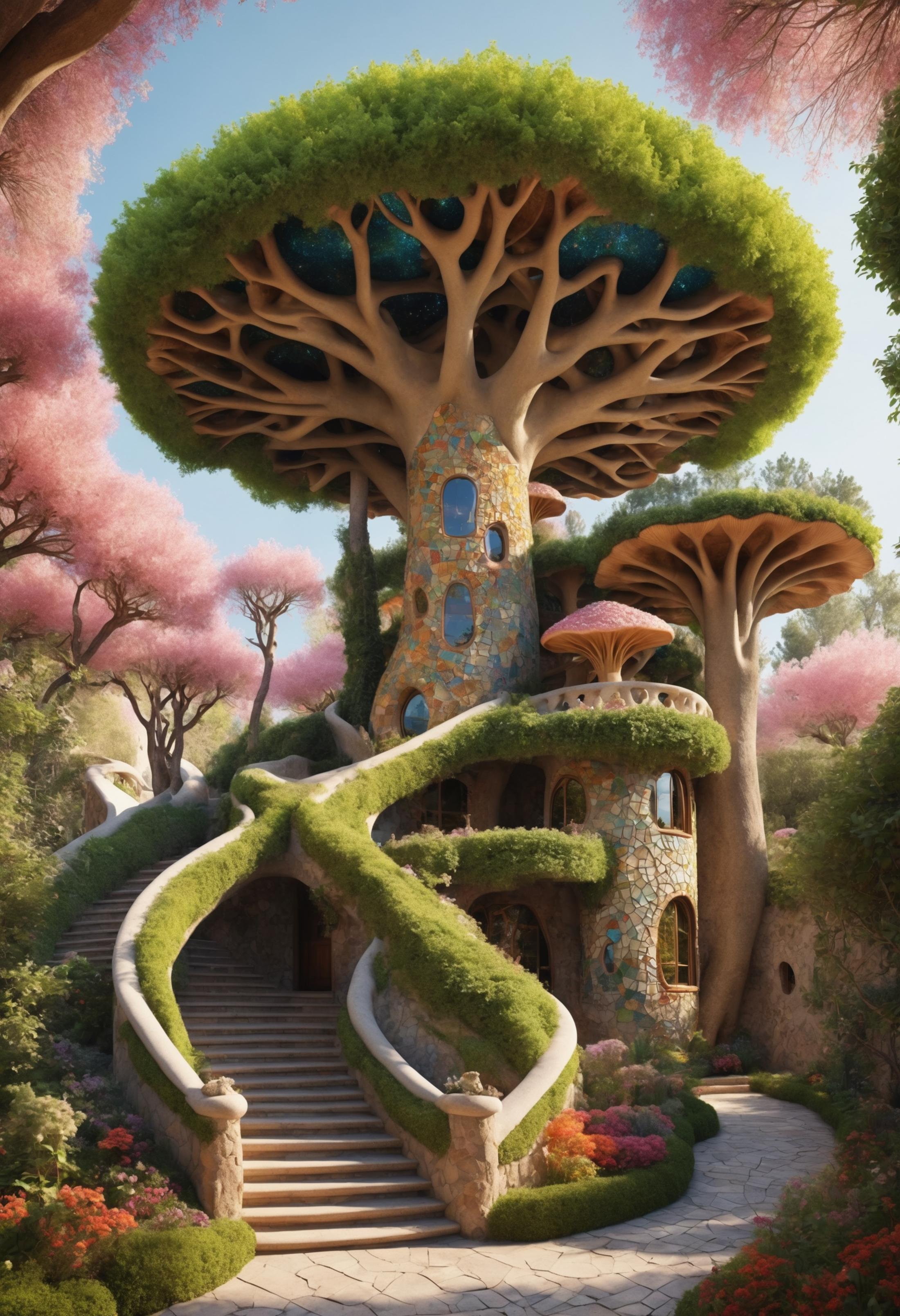 A whimsical treehouse with a spiral staircase and a mossy roof.