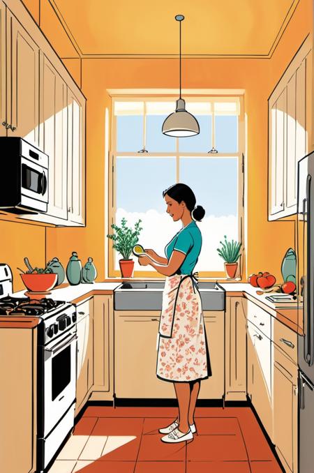 , <lora:lineartSDXL:1> lineart, line art,, A highly detailed mother in her kitchen preparing meal, window sunny day, happy, smiling,