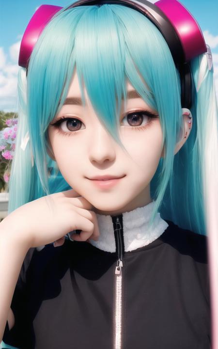 realistic, photo, 20 year old female, hatsune miku, cosplay, tiktok, beautiful, instagram