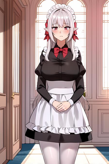 ((masterpiece, best quality)),1girl,standing,serious,close mouth,solo,indoors,blush,elf, blush,(large breasts),bow breasts, long_hair, dress,maid, maid_apron, maid_headdress, pointy_ears, red_bow, red_bowtie, puffy_sleeves,long_sleeves,red_eyes,(white_pantyhose),shiny_skin,,,,,, ,extremely detailed CG unity 8k wallpaper, perfect lighting,Colorful, Bright_Front_face_Lighting,White skin, (masterpiece:1.0),(best_quality:1.0), ultra high res,4K,ultra-detailed, photography, 8K, HDR, highres, absurdres:1.2, Kodak portra 400, film grain, blurry background, bokeh:1.2, lens flare, vibrant_color,professional photograph,bow breasts,(Beautiful large_Breasts), (beautiful_face:1),(narrow_waist),Beautiful Finger,Beautiful long legs,Beautiful body,Beautiful Nose,Beautiful character design, perfect face,perfect balance,(2d)