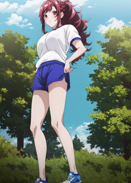 Kaede, red eyes,, 1girl, solo, anime coloring, blue shorts, blue sky, braid, breast envy, breasts, brown eyes, cloud, day, gym shorts, gym uniform, large breasts, long hair, outdoors, ponytail, red hair, shiny, shiny hair, shirt, short hair, short shorts, short sleeves, shorts, sky, tree, white shirt, 8k, masterpiece, trending on artstation, <lora:Masterpiace:0.7>,   <lora:Cheat_Skill_in_Another_World-Kaede:1>,