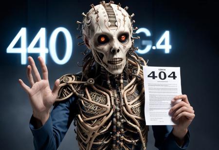 high quality lost 404 occult leader holding a 404. Very clear text showing the numbers exactly as "404". 404. extremely detailed, crazy number 404. Humanoid genetic engineering lab experiment. Very captivating. Hyper-realistic 404 freak. insanely overwhelming 404 strangeness. Otherworldly chaos. Chaotic '404' party scene. Full view, HD, 4k, ultra realism.