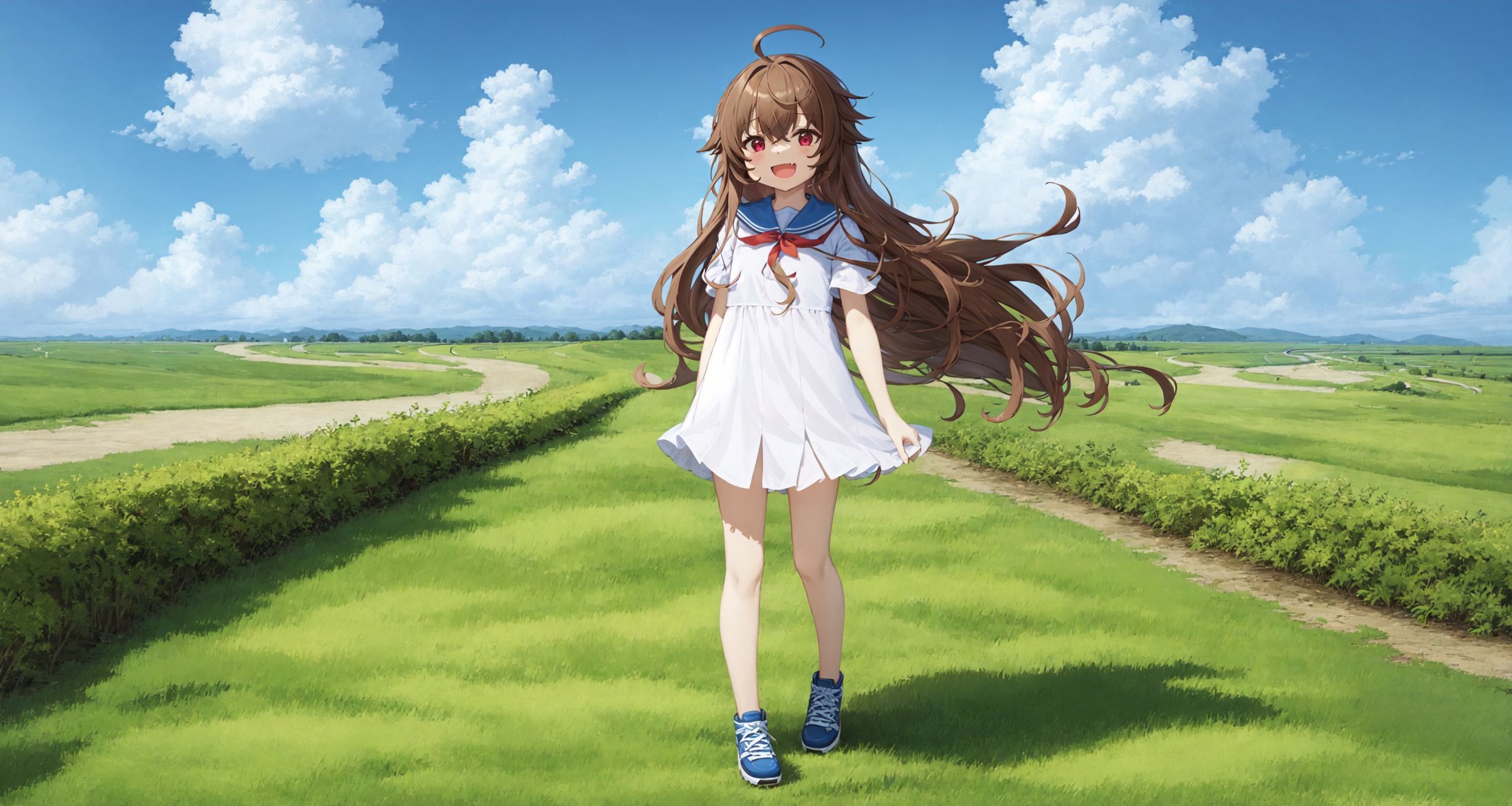 best quality, masterpiece, solo, 1girl, brown hair, ahoge long hair, red eyes, messy hair, skin fang, :D, full body, wide ...