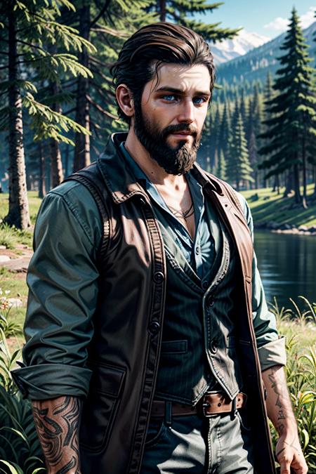 ((masterpiece, best quality))
<lora:add_detail:0.8>
 <lora:FarCry5John:0.8>
FarCry5John, 1boy, solo, brown hair, blue eyes, beard, In a serene, tranquil forest, wearing outdoor gear and enjoying a peaceful nature hike