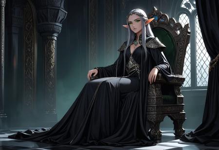 (Dark Elf:1.3), (Ornaire, medium stature, corpulent body:1.2), (immaculate appearance:1.3), (green colored eyes:1.2), (luxurious lifestyle:1.4), (ideals of destruction and pessimism:1.3), (clad in elegant dark robes:1.2), (lavishly adorned with silver and obsidian jewelry:1.3), (ornate throne:1.2), (dim candlelight casting shadows:1.1), (noble but somber expression:1.2), (versatile in ancient legends:1.3), (fear of monsters:1.2), (subtle tension in her pose:1.1), (rich dark velvet curtains:0.8), (gloomy background with intricate carvings:1), (cold and distant atmosphere:1.2), (looming shadows hinting at unseen threats:1), (haunted look in her eyes:1.2), (small, faint scars barely visible:0.6), (light reflecting off her eyes:1.1)