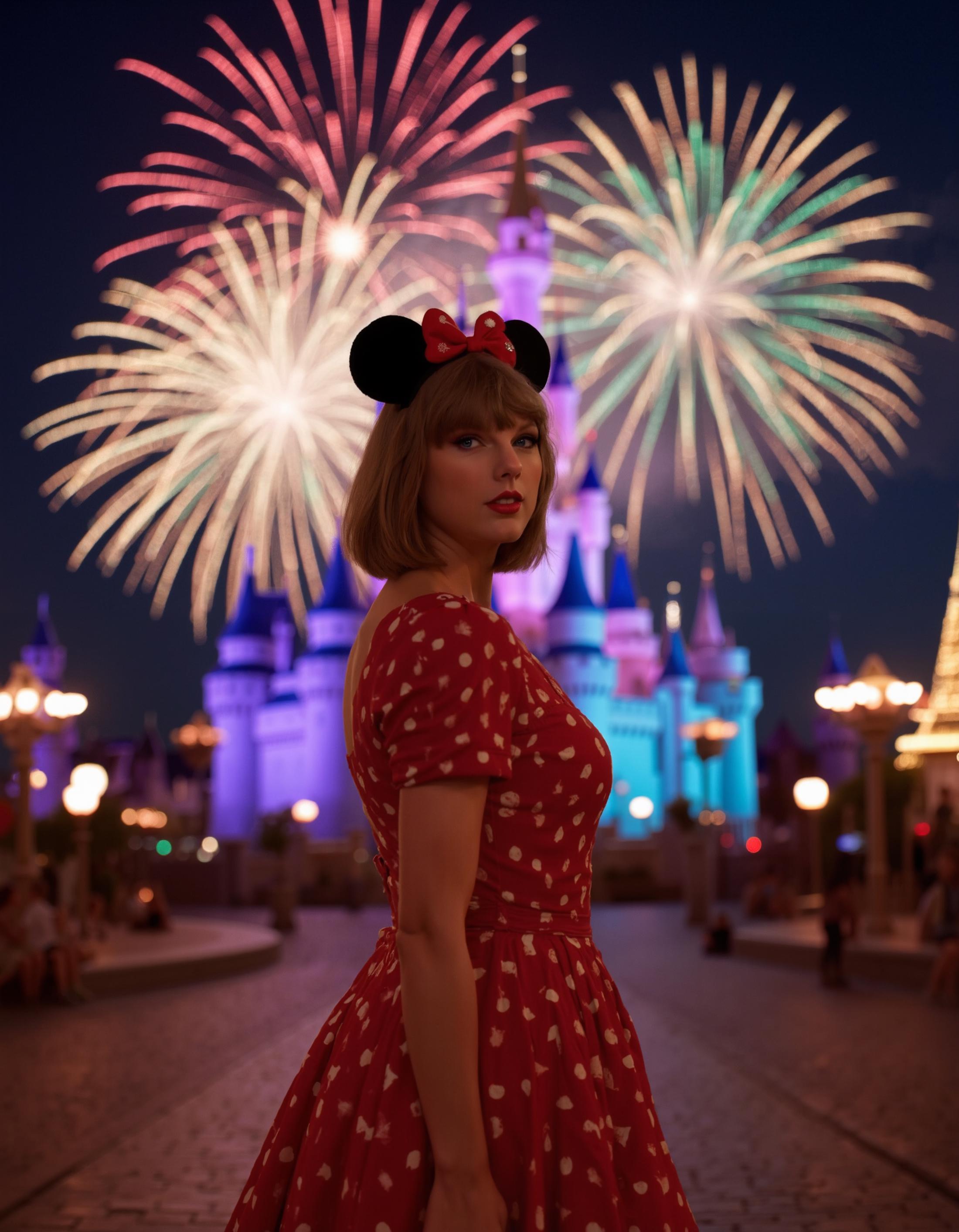 A photorealistic image of Taylor Swift standing in the heart of Disney World at night. She is dressed in a whimsical Minnie Mouse-inspired dress that perfectly captures the iconic Disney spirit. The dress features a classic red and white polka-dot pattern, with a flared skirt that twirls playfully around her knees. It has a fitted bodice, short puffed sleeves, and a charming bow at the waist, echoing Minnie Mouse’s timeless style. On her head, Taylor wears a pair of black Minnie Mouse ears, adorned with a matching red bow, adding a touch of playful elegance to her look.

The scene is set in front of Cinderella’s Castle, which is illuminated by colorful lights, casting a magical glow over the surroundings. Fireworks explode brilliantly in the night sky above, painting the darkness with vibrant bursts of red, gold, blue, and green. The fireworks reflect off the castle's shimmering spires and the nearby water, adding to the enchanting atmosphere.

Taylor stands in the center of the scene, her expression one of joy and wonder as she gazes up at the fireworks. The night air is filled with the sounds of Disney music and the distant cheers of other park-goers, but Taylor remains the focal point, her presence radiant against the backdrop of the dazzling display. The lighting in the image highlights her dress and the details of the fireworks, creating a magical, dream-like mood. The overall atmosphere is festive, celebratory, and full of Disney magic.