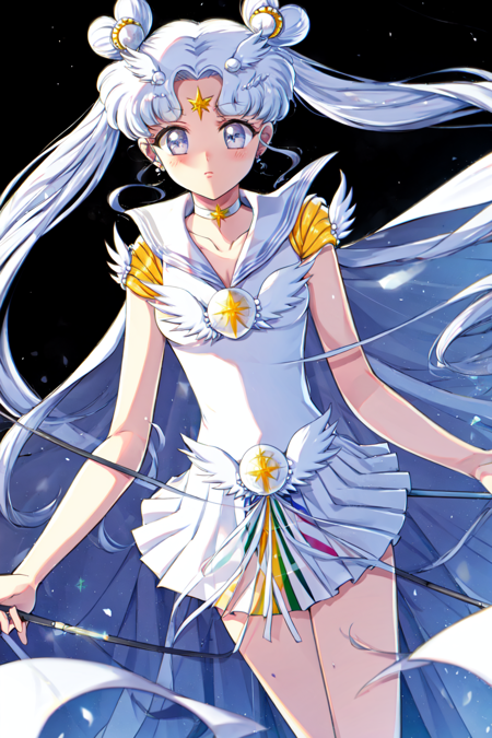 <lora:Sailor_Cosmos-10:1> 1girl, solo, sailor senshi uniform, magical girl, long hair, white hair, staff, hair bun, double bun, skirt, brooch, cape, twintails, sailor collar, jewelry, white choker, white sailor collar, choker, holding staff, facial mark, holding, layered skirt, white cape, very long hair, hair ornament, forehead mark, white theme, wings, cowboy shot, pleated skirt, dynamic angle