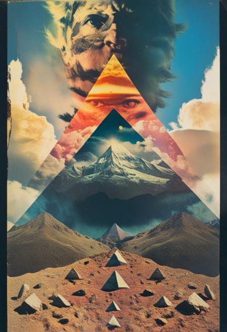 mountain, surreal,  double exposure, dark and moody ,colored all seeing eye pyramid made of ff-collage, film grain, high quality, dramatic ,poster, faint face, horror story style, sun and moon behind clouds, chromatic aberration