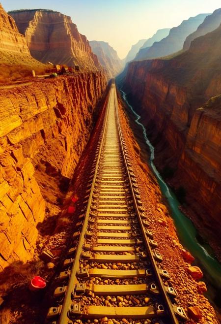 ()Hyoer Realistic, full color:2.0) depicting  
(The Grand Canyon’s Bright Angel Trail, Arizona 🇺🇸:2.0:)
BREAK ()Hyoer Realistic:2.0)Polaroid picture oThis is the 1,813-kilometer-long Haoji Railway Bridge in China. It is the longest railway bridge in the world, the bridge is used for the transportation of coal. The total cost was around 28 billion US dollars. It was built to transport 200 million tons of coal from Inner Mongolia and Shanxi to the southern provinces of China. It is a heavy rail system with 1435 gauge tracks The railway is also China's first north-south railway that is dedicated to coal, and is built to avoid existing coal transportation routes that pass through coastal cities by boat. The line reduces transit time from 20 days by sea to just 3 days by rail. The line connects with existing railways at several points to share maintenance facilities. The design speed of the railway is 120 kilometers per hour. It is operated by China Railway.