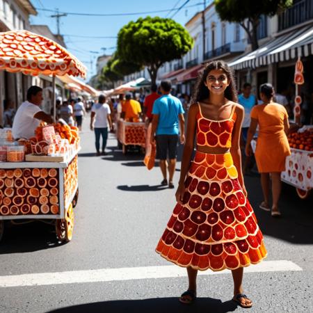 Brazilian girl, selling orange fruit in streets, wearing orange sliced shaped dress, <lora:blood_orange_world_morph_sdxl:1> , sunny day, people walking, vendor stand, blood orange style