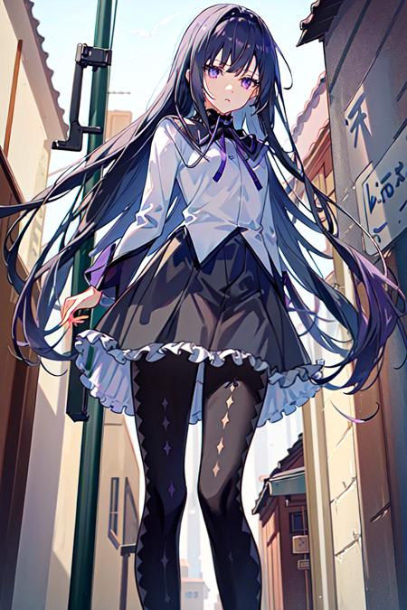 (night:1.2), dark, dimly lit, windy, aesthetic, intricate, sharp focus, aesthetic, intricate, sharp focus, best quality, extremely detailed,1girl, solo, from below, BREAK Homura Akemi, (walking through a city alleyway), flat chest, extremely detailed textures, scowling, pouting, looking down on the viewer, (detailed shiny_anime_style_eyes) <lora:HomuraAkemi:1>