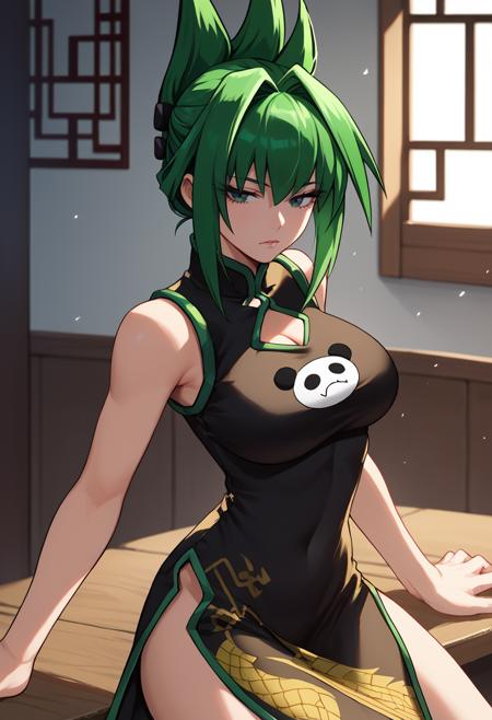 Jun, green hair, green eyes, updo, spiky hair, black china dress, thigh strap large breasts 