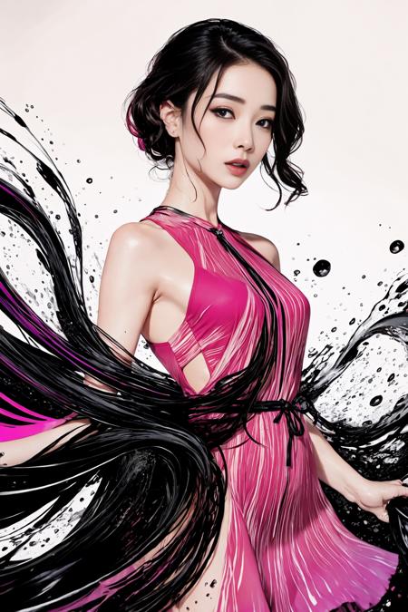 tangbohu-buff:2 Abstract, 8K, photo shot from front, mid-body portrait, highly-detailed, girl in a fluid and dynamic pose, wearing a loose, flowing pink dress, mysterious expression, curly black hair, [Zhang Ziyi|Aishwarya Rai], in a modern and abstract setting, with bold and colorful abstract art, blurred background, bright lighting <lora:blackandwhite:0.8>